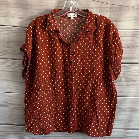 Bailey & Chloe Orange Red Polka Dot Short Sleeve Button Front Blouse Size XL - Picture 2 of 9